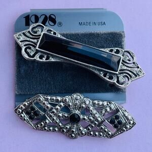 Vintage Set of 2 Faceted Glass Marcasite Victorian & Art Deco Brooches Silver